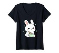 Femme Lapin Mignon Faisant du thé Matcha Kawaii Animal Art T-Shirt avec Col en V