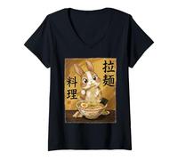 Femme Lapin Mignon Mangeant des Nouilles Ramen drôle Japon Kawaii T-Shirt avec Col en V