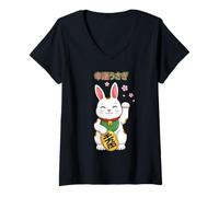 Femme Lapin Porte-Bonheur Maneki Neko Bunny Japonais Cherry Blossom T-Shirt avec Col en V