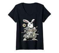 Femme Lapin Samouraï Coucher de Soleil Guerrier Japonais Ukiyo-e Style T-Shirt avec Col en V