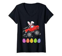 Femme Lapin T-Rex Monster Truck Jumping Easter Eggs Toddler Kid T-Shirt avec Col en V