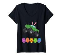 Femme Lapin T-Rex Monster Truck Jumping Easter Eggs Toddler Kid T-Shirt avec Col en V