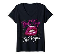 Femme Las Vegas Girls Trip Shirts pour Femmes Anniversaire lèvres Roses T-Shirt avec Col en V