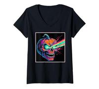 Femme Laser Eye Citrouille Crâne Horreur Jack O'Lantern T-Shirt avec Col en V