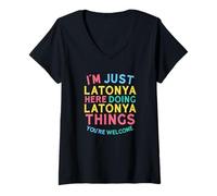 Femme Latonya, Ici, Fait des Choses sur Latonya (nom Amusant de Latonya) T-Shirt avec Col en V