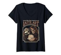 Femme Latte Art Coffee Grim Reaper Retro Vintage Funny Adult Humor T-Shirt avec Col en V