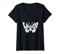 Femme Lauren Butterfly - Word Art personnalisé avec nom mignon T-Shirt avec Col en V