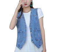Femme Lavage Vintage Gilet Cowboy Perlé Veste en Jean sans Manches Coupe ajustée Col en V Gilet Boutonné Manteau Court en Jean Denim Gilet Bleu XXL