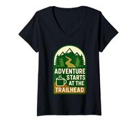 Femme L'Aventure Commence chez The Trailhead Outdoor Explorer T-Shirt avec Col en V