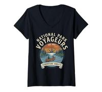Femme L'Aventure des Voyageurs dans Le Parc National Vous Attend en canoë rétro au Coucher du Soleil T-Shirt avec Col en V