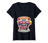 Femme L'avertissement de Softball Peut Passer comme Une Fille et Vous Frapper T-Shirt avec Col en V