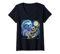 Femme Lazy Sloth Climbing Tree Branch Moon Night Sky Animal Art T-Shirt avec Col en V
