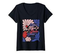 Femme Le 4 juillet de Boho Christian met en vedette Stripe et Jésus Christ T-Shirt avec Col en V