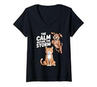 Femme Le Calme Avant la tempête (Chat et Chien) T-Shirt avec Col en V