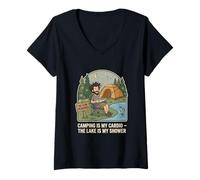 Femme Le Camping est Mon Cardio, Le lac est ma Douche T-Shirt avec Col en V