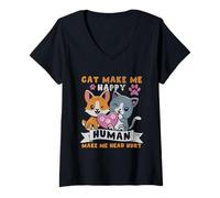 Femme Le Chat me Rend Heureux Humain me Fait Mal à la tête T-Shirt avec Col en V