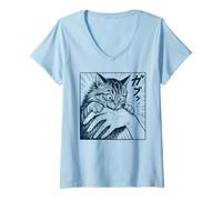 Femme Le Chat Mord la Main, Les Mangas drôles de Chats T-Shirt avec Col en V