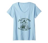 Femme Le Chat sorcière d'halloween Dit « I'm Just Here to Stir The Pot » T-Shirt avec Col en V