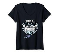 Femme Le Chemin vers Le cœur d'un Homme Passe par la pêche à la Mouche T-Shirt avec Col en V