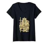Femme Le Christ est roi - Déclaration de foi chrétienne Lion et croix T-Shirt avec Col en V