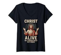 Femme Le Christ Vivant n'est Plus Mort mais Jésus ressuscité (Art de la résurrection) T-Shirt avec Col en V