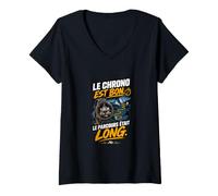 Femme Le Chrono est Bon Humour Course a Pied T-Shirt avec Col en V