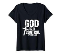 Femme Le contrôle de Dieu, 1 Pierre 5:6-7 Message T-Shirt avec Col en V