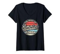 Femme Le cœur de l'Amérique Bat en Floride, État américain rétro T-Shirt avec Col en V