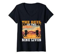 Femme Le duel des neuf vies de Cowboys Cats T-Shirt avec Col en V