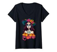 Femme Le Jour des Papillons - Portrait de Calavera La Catrina 1 T-Shirt avec Col en V