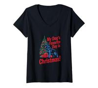 Femme Le Jour préféré de Mon Chien est Noël T-Shirt avec Col en V