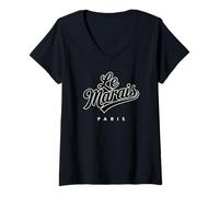 Femme Le Marais Paris Script Noir Contour Blanc T-Shirt avec Col en V