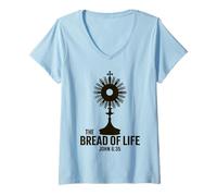 Femme Le Pain de Vie Jean 6:35 Eucharistie Adoration Monstrance T-Shirt avec Col en V