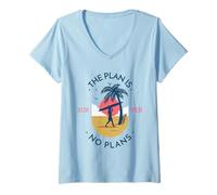 Femme Le Plan, C'est qu'il n'y a Pas de Plans - Surfer (Palm Tree Beach Graphic) T-Shirt avec Col en V