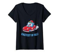 Femme Le Plus Rapide de Tous Les Enfants Motif Voiture de Course de Requin Mignon pour garçons T-Shirt avec Col en V