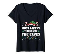 Femme Le Plus susceptible de Boire avec la fête de Noël des Elfes T-Shirt avec Col en V