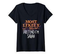 Femme Le plus susceptible de Hocus Pocus Halloween fait semblant d'être Sarah T-Shirt avec Col en V