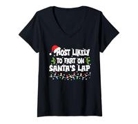 Femme Le Plus susceptible de péter sur Les Genoux de la Famille du Père Noël Assorti à Noël T-Shirt avec Col en V