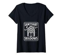 Femme Le Sanctuaire des Ombres, Mystère Gothique et Graphique Dark Fantasy T-Shirt avec Col en V