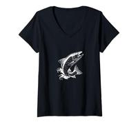 Femme Le Saumon Saute Hors de l'eau, Le Saumon de mer, la Truite, la pêche T-Shirt avec Col en V