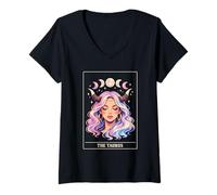 Femme Le Signe du Zodiaque Taureau Phases de Lune Tarot Céleste Esthétique T-Shirt avec Col en V