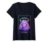 Femme Le Signe du Zodiaque Taureau Phases de Lune Tarot Céleste Esthétique T-Shirt avec Col en V