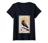Femme Le Tarot du Soleil - Radiant Raven Celestial Design T-Shirt avec Col en V