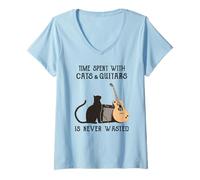 Femme Le Temps passé avec Les Chats et Les Guitares n'est jamais Perdu T-Shirt avec Col en V
