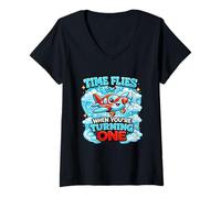 Femme Le Temps Passe Vite Quand on s'amuse 1 Flying Cute Birthday 1st Bday T-Shirt avec Col en V