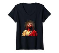Femme Le Visage Vintage de Dieu Guide Jésus-Christ, Image céleste T-Shirt avec Col en V