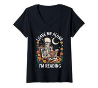 Femme Leave Me Alone I'm Reading Squelette Humour T-Shirt avec Col en V