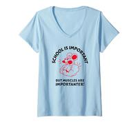 Femme L'école est Importante mais Les Muscles sont importateurs (Salle de Sport Amusante) T-Shirt avec Col en V