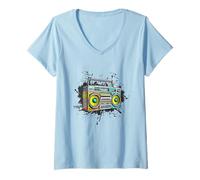 Femme Lecteur cassette rétro Boombox gouttes de peinture T-Shirt avec Col en V