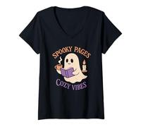 Femme Lecteur effrayant du Horror Book Club, fan de thrillers de fiction gothique T-Shirt avec Col en V
